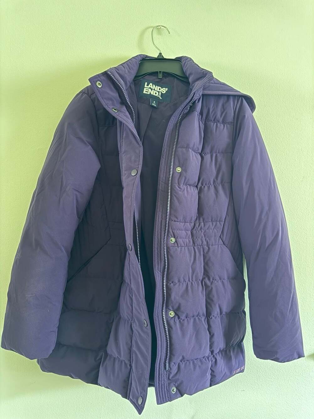 Lands' End Quilted Stretch Down Coat Purple Women's Size S 6-8 Hooded Puffer Jac